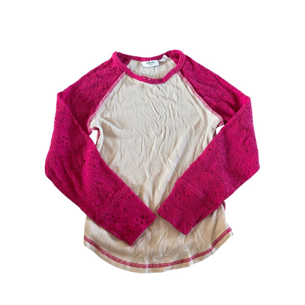 Willow + Root Youth Girls S Cream Ribbed Top Pink Lace Long Sleeve Raglan Tee